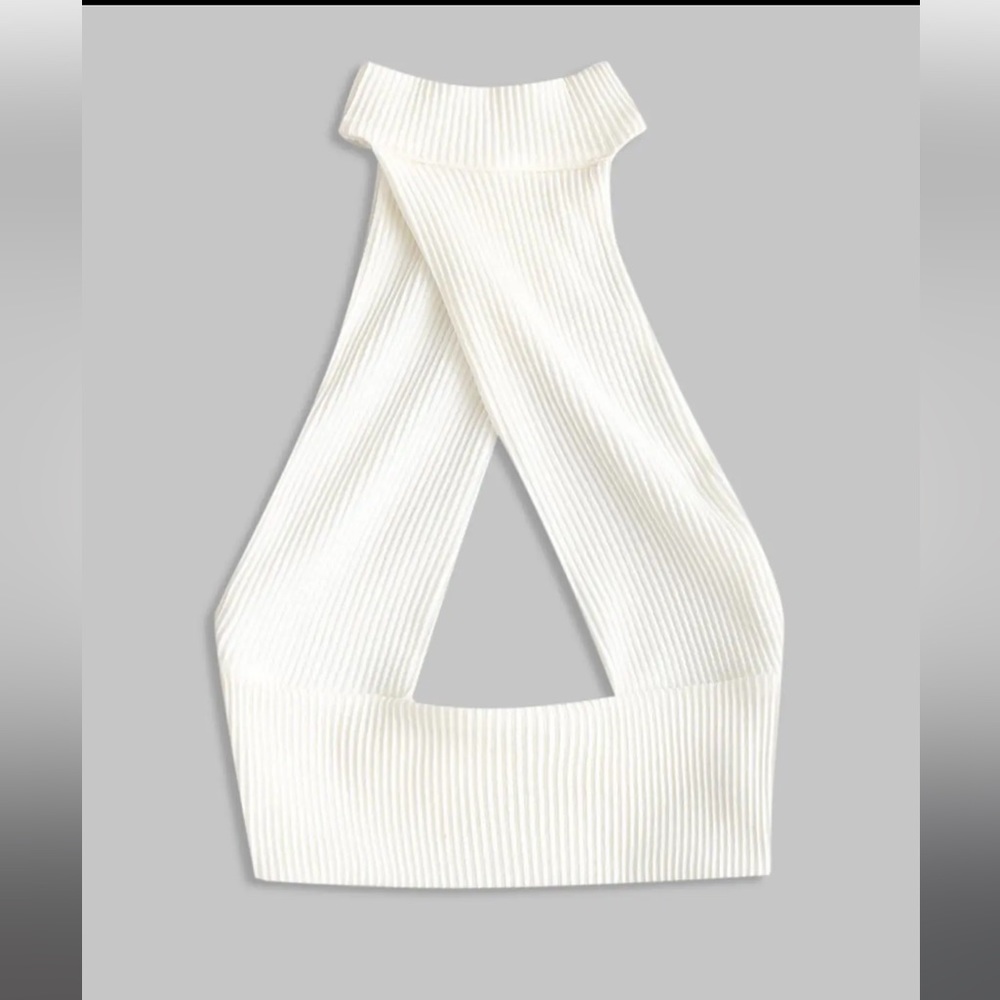 Halter Rib-knit Cutout Backless Crop Bandage Top - White M